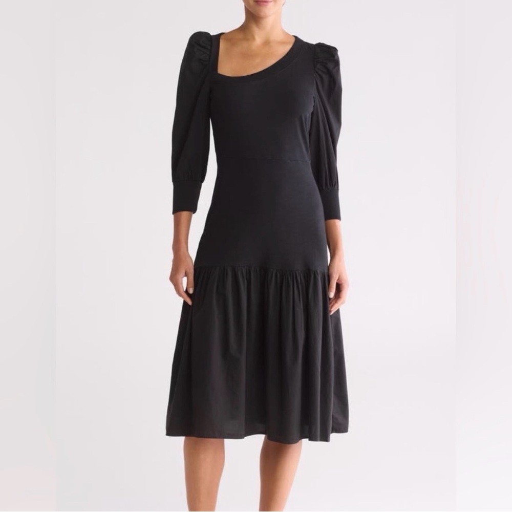 Nation LTD ‘80s Throwback Black Midi Catalina Dress Asymmetrical Neckline